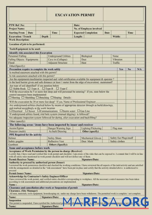Realistic Excavation work permit sample